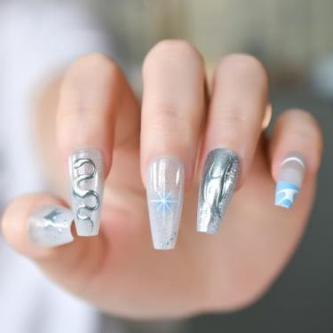 Imagem de Unhas de pressão instantâneas em forma de caixão longo azul água borboleta prata verão acrílico falso grau salão unhas de gel reutilizável sem necessidade de cola 30 peças