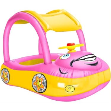 Imagem de Bóia Inflável com Toldo e Volante para Bebê – Proteção Solar UPF 50+ | Modelos Azul Claro, Azul Marinho e Rosa (Rosa)