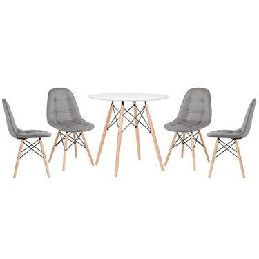 Imagem de Loft7, Kit Mesa redonda Eames 80 cm branco + 4 cadeiras estofadas Eiffel Botonê Cinza