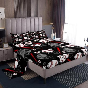 Imagem de Lençóis de cama Erosebridal Baseball King Size vermelhos e pretos