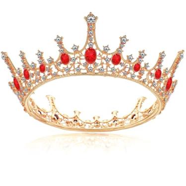 Imagem de Grevosea Coroa de ouro para mulheres, coroa de aniversário com strass, topo de bolo, tiara de princesa, tiara de casamento para acessórios de cabelo de noiva (dourado vermelho)