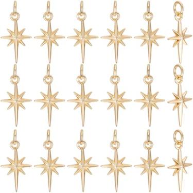 Imagem de Beebeecraft 1 caixa, 20 peças, pingentes de estrela do norte, latão banhado a ouro 18 K, 16,5 x 9 x 2,5 mm, pequenos pingentes de estrela Polaris com anéis de salto para fazer joias, colar, pulseiras