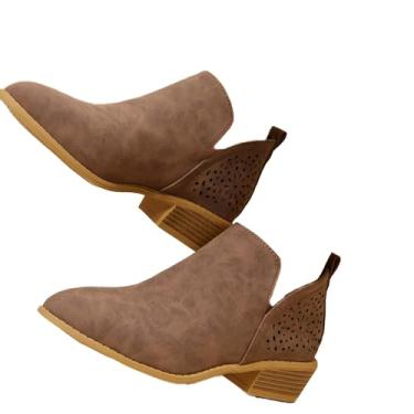 Imagem de JITUUE Botas de cano curto para mulheres, casual, recortada, salto baixo, salto grosso, perfurado, corte em V, estilo faroeste, sapatos recortados, Café, 38