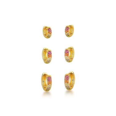 Imagem de Kit Trio De Brincos Argolas Coloridas Banhadas A Ouro 18k