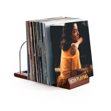 Imagem de Vosturdy Armazenamento de discos de vinil, suporte de disco de 50 LPs, suporte de disco de vinil de madeira para discos de LP/revistas/amantes de música