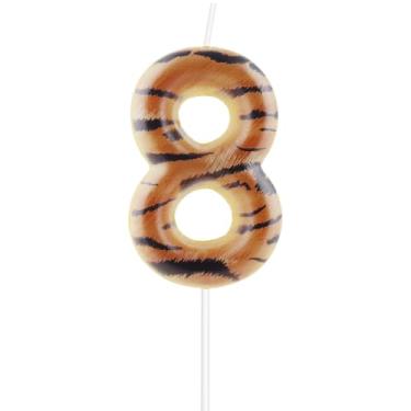 Imagem de Velas de aniversário de tigre número 8, decorações de bolo de animais selvagens, estampa realista de listras de tigre com tema de animais selvagens, para meninos e meninas, crianças, festa de