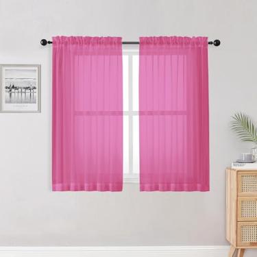 Imagem de OWENIE Cortinas transparentes de cozinha rosa choque para quarto, sala de estar, 114 cm de comprimento, quarto, cortina transparente de voile de filtragem de luz sólida macia para janela pequena