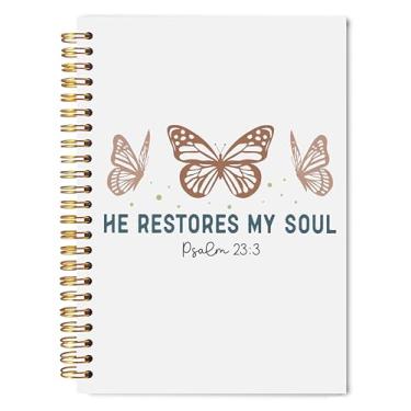 Imagem de Welshower Caderno cristão borboleta 14 x 20 cm, Salmo 23:3, versículo da Bíblia, cadernos para anotações, caderno espiral He Restores My Soul capa dura