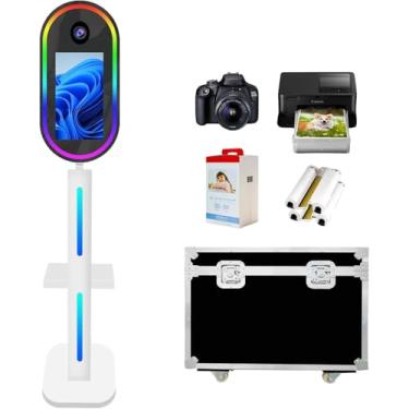 Imagem de Cabine de foto oval espelhada, tela sensível ao toque, cabine fotográfica, selfie para festas, eventos e aluguel de casamento (branco, cabine fotográfica com impressora e câmera)