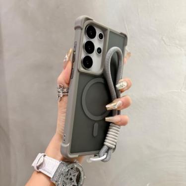 Imagem de HJZSZX Capa de PC rígida translúcida fosca para S25Ultra Luxury Airbag à prova de choque com corda magnética (para S25Ultra/cinza)