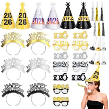 Imagem de DPKOW Artigos de festa de ano novo 2026 óculos véspera de ano novo chapéus de festa chifres Happy New Year Headbands, óculos de papel NYE chapéus e fabricantes de barulho, kit de acessórios para