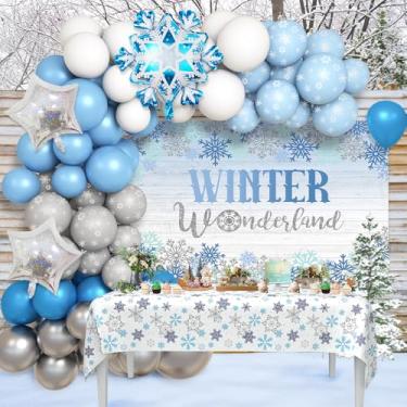 Imagem de AIBIIN Conjunto de decorações de festa de aniversário de inverno - 113 peças kit de guirlanda de prata azul e arco pano de fundo do país das maravilhas de inverno toalha de mesa de floco de neve para