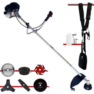 Imagem de Roçadeira À Gasolina Toyama RT43LB25A 43cc 1,7HP Alta Rotação Com Cabeçote Nylon + Facas 2 Pontas, 3 Pontas, 6 Pontas, 40 Dentes de Vídea e 80 Dentes