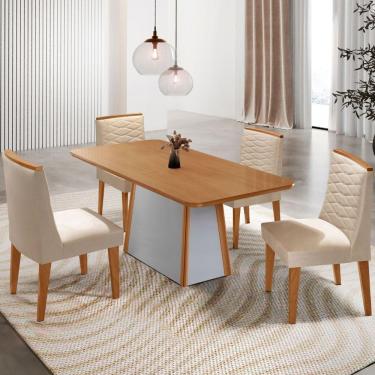 Imagem de Mesa De Jantar Diane 120cm Tampo Mdf Lam 4 Cadeiras Eloise Moderna Veludo Creme Naturale Off White