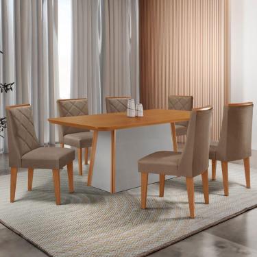 Imagem de Mesa De Jantar Diane 180cm Tampo Mdf Lam 6 Cadeiras Isadora Moderna Veludo Capuccino Naturale Off White