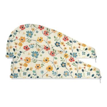 Imagem de SEHANY Toalha de cabelo de microfibra de flores coloridas elegantes para mulheres, 2 peças, turbantes de cabelo de secagem rápida com botão, touca de cabelo seco absorvente toalha de secagem de cabelo
