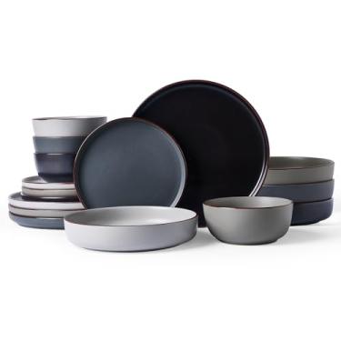 Imagem de Famiware Conjunto de louça Mercury com tigelas de macarrão, serviço para 4 (16 peças), conjuntos de pratos e tigelas, conjunto de pratos para micro-ondas e lava-louças, multicor