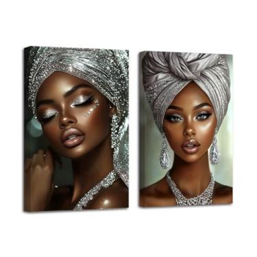 Imagem de LZIMU Arte de parede com imagens afro-americanas 2 peças pintura de menina negra abstrata impressão em tela de retrato de mulher negra decoração de parede emoldurada (prata, 28 x 35 x 2 peças)