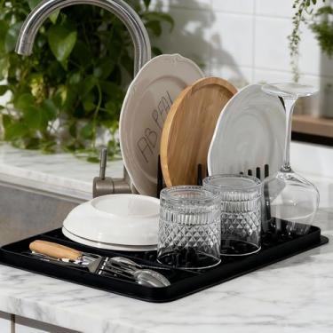 Imagem de Mesiiloly Tapete de secagem de pratos de silicone de 40 x 28 cm para balcão de cozinha, tapete de prato de secagem rápida com escorredor de pratos e zonas independentes de dupla face, tapete de