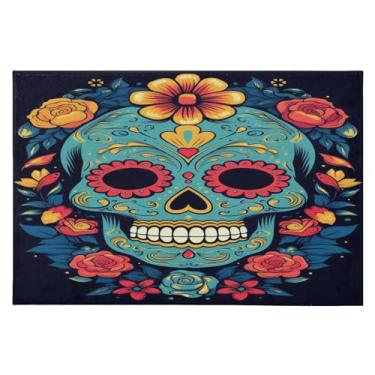 Imagem de CEBUGI Tapete de área 60 x 90 cm macio lavável tapete antiderrapante com suporte de borracha Sugar Skull Flower Area Rugs para sala de estar, quarto, decoração de casa