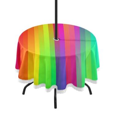 Imagem de CEBUGI Toalha de mesa redonda para uso ao ar livre, fundo gradiente, impermeável, com furo Umberlla, capa de mesa lavável para pátio, cozinha, sala de jantar, 152 cm