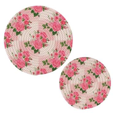 Imagem de Wassud Trivet de rosas para pratos quentes, suportes redondos de algodão, almofadas quentes, porta-copos elegantes, decoração de cozinha e acessórios, 2 peças