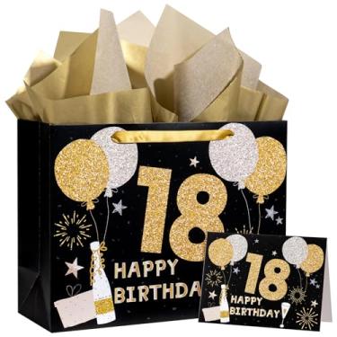Imagem de WRAPAHOLIC Saco grande de presente de aniversário de 18 cm com cartão e papel de seda - balão dourado preto e 18 sacos de papel de feliz aniversário para adolescentes, festas, feriados