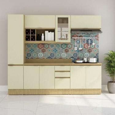 Imagem de Cozinha Modulada 10 Peças 2 Aéreos 2 Balcões 1 Paneleiro Tampos E Rodapé Nature