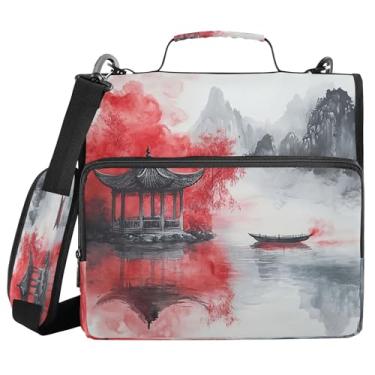 Imagem de Burbuja Pasta de fichário com 3 anéis de pintura a tinta chinesa com zíper e alça de ombro para laptop de 13 polegadas, vários bolsos para trabalho de escritório