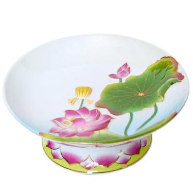 Imagem de FENNYYAR Prato de oferta de prato de frutas ornamento doméstico, 20 cm, cerâmica Buda frontal lótus guanyin deus da riqueza