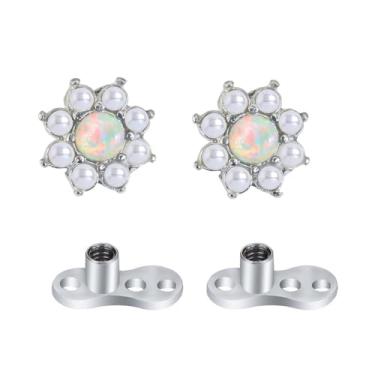 Imagem de 2 peças 14G G23 titânio opala pérola conjunto de âncora dérmica flor hipoalergênico microdérmico tops e base para lábios, bochechas, joias corporais piercing no peito (pérola opala branca)