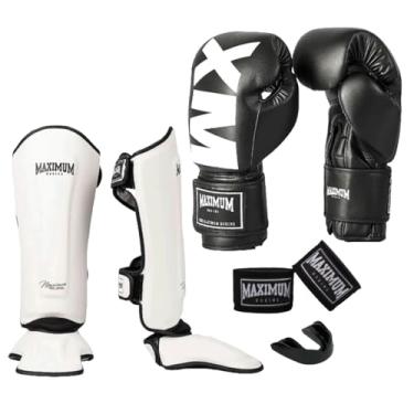 Imagem de Kit Luva de Boxe MXM Preto + Caneleira Muay Thai Classic Branco + Bandagem 3m + Protetor Bucal - Maximum (LUVA 14oz + CANELEIRA GG)