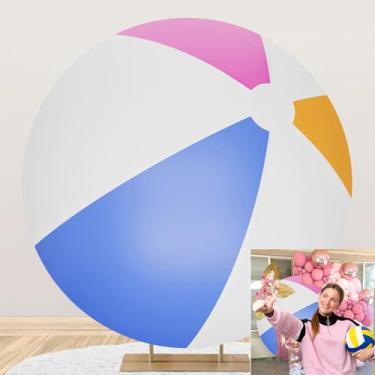 Imagem de OERJU Capa de pano de fundo redonda bola de praia para fotos de adultos crianças aniversário luau verão jogos de piscina decorações de festa fundo circular arco foto cabine adereços 2,2 m