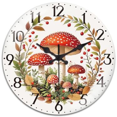 Imagem de peacoblue Relógios de parede operados por bateria floresta de cogumelos 30 cm vidro redondo relógio de parede sem tique-taque para cozinha, sala de estar, sala de jantar, quarto e banheiro acessórios