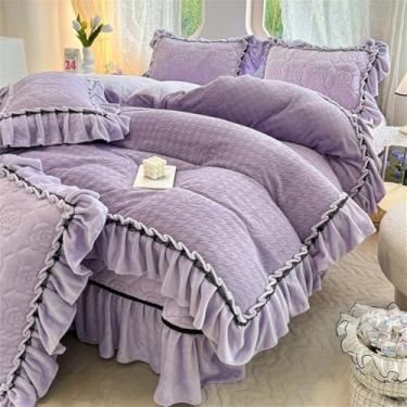 Imagem de Conjunto de cama de inverno em veludo de leite esculpido com babados, saia de cama, capa de edredom grossa e quente, roxo, tamanho queen (200x230cm).
