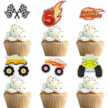 Imagem de 18pcs Big Truck Cupcake Toppers Kids 1st Car Themed Happy Birthday Checkered Flag Decorations, Boys and Girls Birthday Party, Transportation Themed Party, Baby Shower Smash Decoration Supplies (5th)