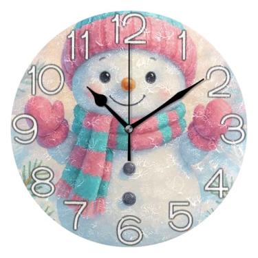 Imagem de GAIGEO Relógio de parede analógico decorativo redondo sem tique-taque silencioso relógio de cozinha rústico, decoração de parede vintage sala de estar rosa boneco de neve desenho animado, 25 cm