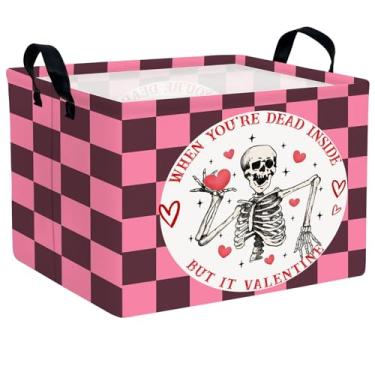 Imagem de NIETEIN Cesta de armazenamento vazia para presente de dia dos namorados com coração fofo para decoração de quarto de criança e bebê (coração de caveira xadrez rosa)