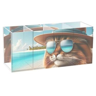 Imagem de TSENQUE Porta-lápis engraçado gatinho de praia personalizado fofo para mesa marcador de acrílico suporte de escova para canetas, copos de lápis decorativos de material de escritório decoração