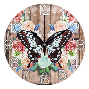 Imagem de GAIGEO Relógio de parede analógico decorativo operado por bateria relógio de escritório cozinha, decoração de parede moderna para sala de estar, flor floral borboleta preta colorida, 25 cm, ponteiros