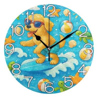 Imagem de Relógio de parede analógico decorativo para quarto e cozinha, redondo, sem tique-taque, silencioso, decoração de parede para sala de estar, fofo, cachorrinho dourado, 25 cm, mãos pretas
