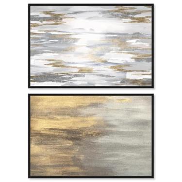 Imagem de Conjunto de 2 arte de parede de sala de estar com impressão em tela abstratos de luxo neutro por Art Remedy, moldura preta, 61 x 40 cm