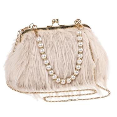 Imagem de FeelfunFeather Bolsas de mão femininas, bolsas femininas de penas fofas para festa de casamento, banquete, formatura, bolsa transversal, Caqui