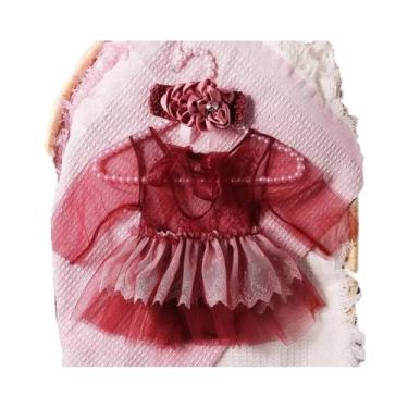 Imagem de Macacão De Renda Vermelho Vinho Para Recém-Nascido Com Manga Longa E F