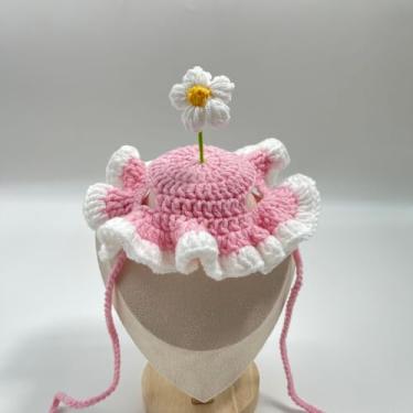 Imagem de Chapéu de gato de crochê de flor rosa fofo traje de cabeça para gatinho pequeno gorro de malha decoração de roupas