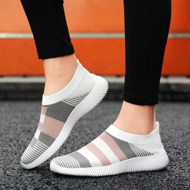 Imagem de Tênis masculino feminino sem cadarço, respirável, leve, casual, malha, tricotado para caminhada, antiderrapante, tênis de corrida, Rosa/cinza/branco, 37/38 BR