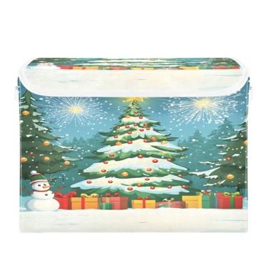Imagem de Wassud Cestas de armazenamento de Natal com tampas de Natal com fogos de artifício caixas dobráveis de tecido empilhável cestas de linho organizador de armário recipiente 42 x 32 x 30 cm