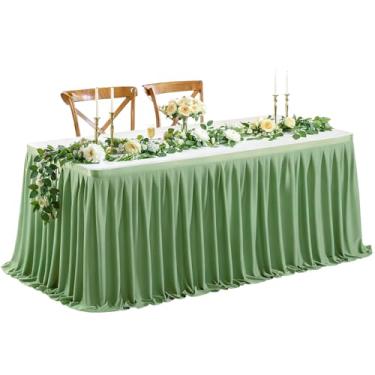 Imagem de Wish Care Saia de mesa longa verde sálvia de 5,2 m para mesas retangulares – Saia de mesa plissada de poliéster resistente a vincos para festas, casamentos, escritório