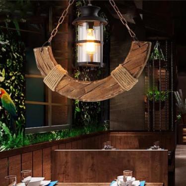Imagem de Luminária pendente de madeira, estilo retrô, com soquete E27, estilo industrial, para mesa de jantar, com cúpula de vidro e metal, em altura ajustável, ideal para sala de estar, sala de jant