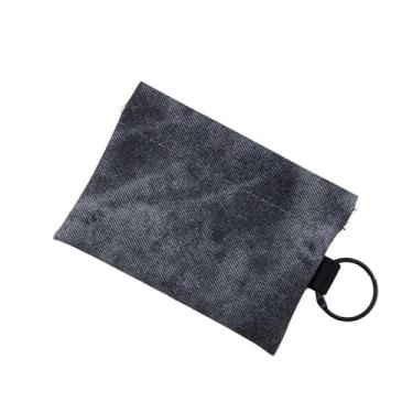 Imagem de Bolsa de moedas com textura de jeans com chaveiro – carteira de cartão de poliuretano de grande capacidade e porta-identidade, carteira com fecho elástico, Preto